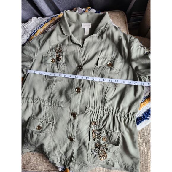 Chico's Artisan Utility Army Jacket Green Sequin Embroidery Detail Linen Large - Picture 10 of 13